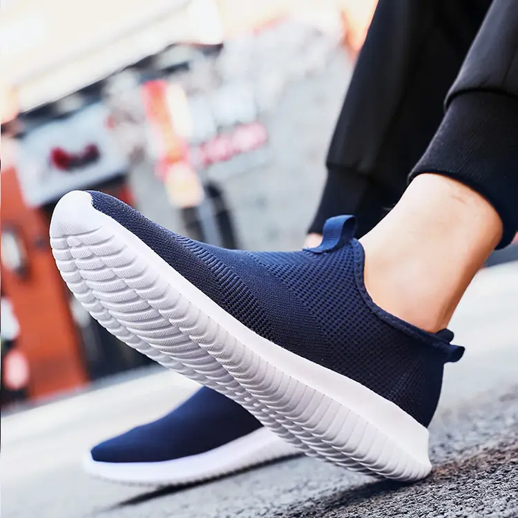 Customized Logo Breathable Soft Knitting Fabric Wear Sneaker Lady Comfortable Slip On Shoes Mens Low Cost